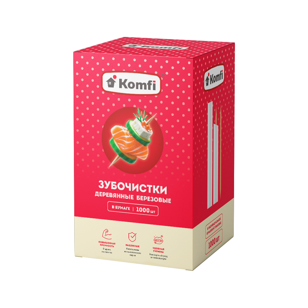 Зубочистки березовые в инд.бумажной упаковке 1000 шт, в коробке, Komfi