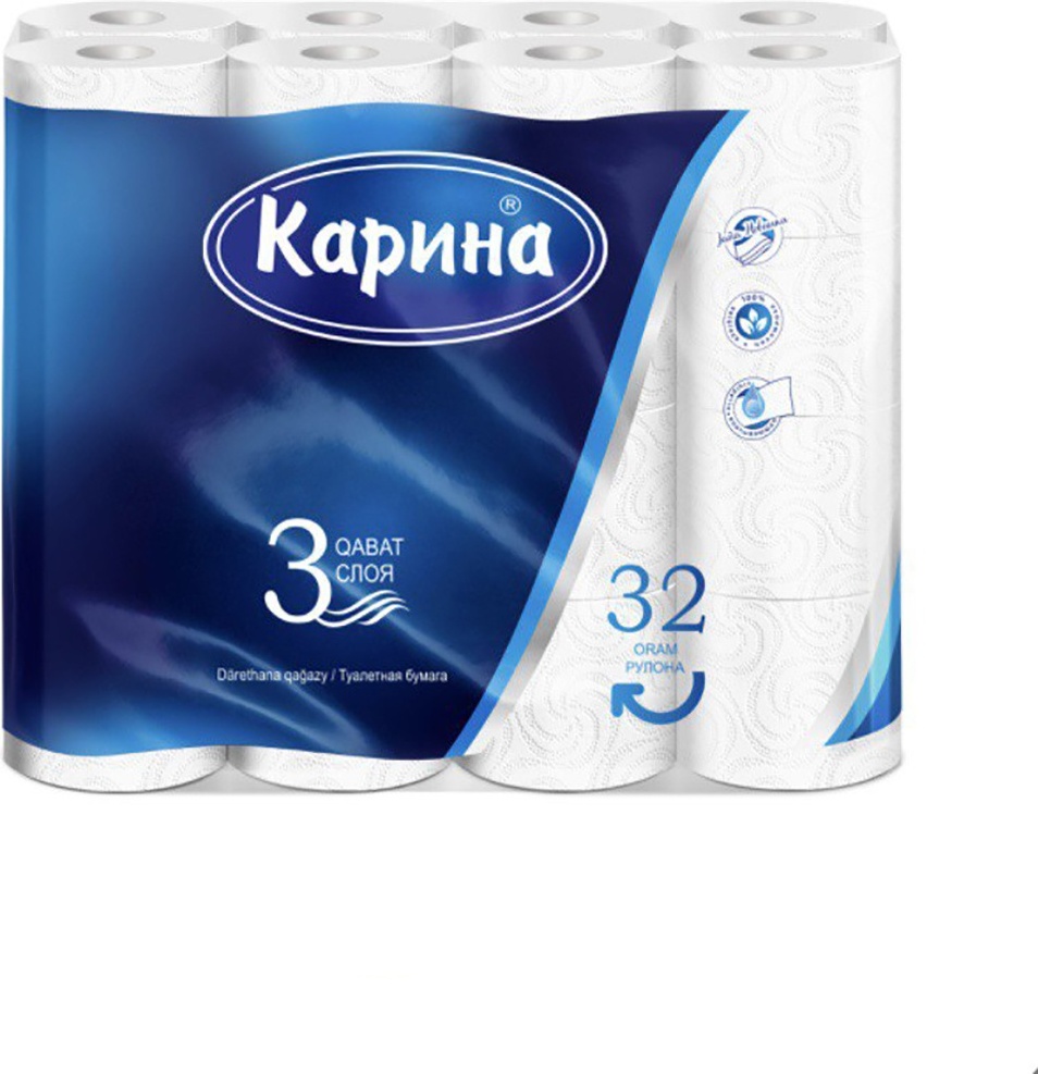 Карина туалетная бумага 3-слойный 32 шт, первичная целлюлоза